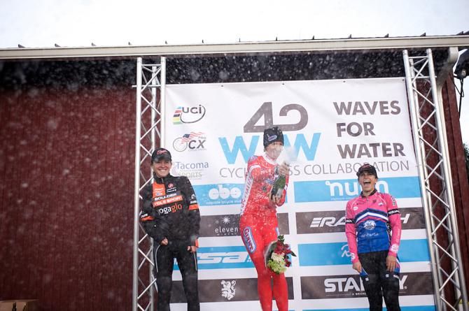 Lloyd celebrates her win on the podium