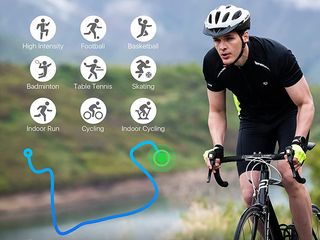 Man riding a bike with images of the sports icons for the Mobvoi TicWatch E3