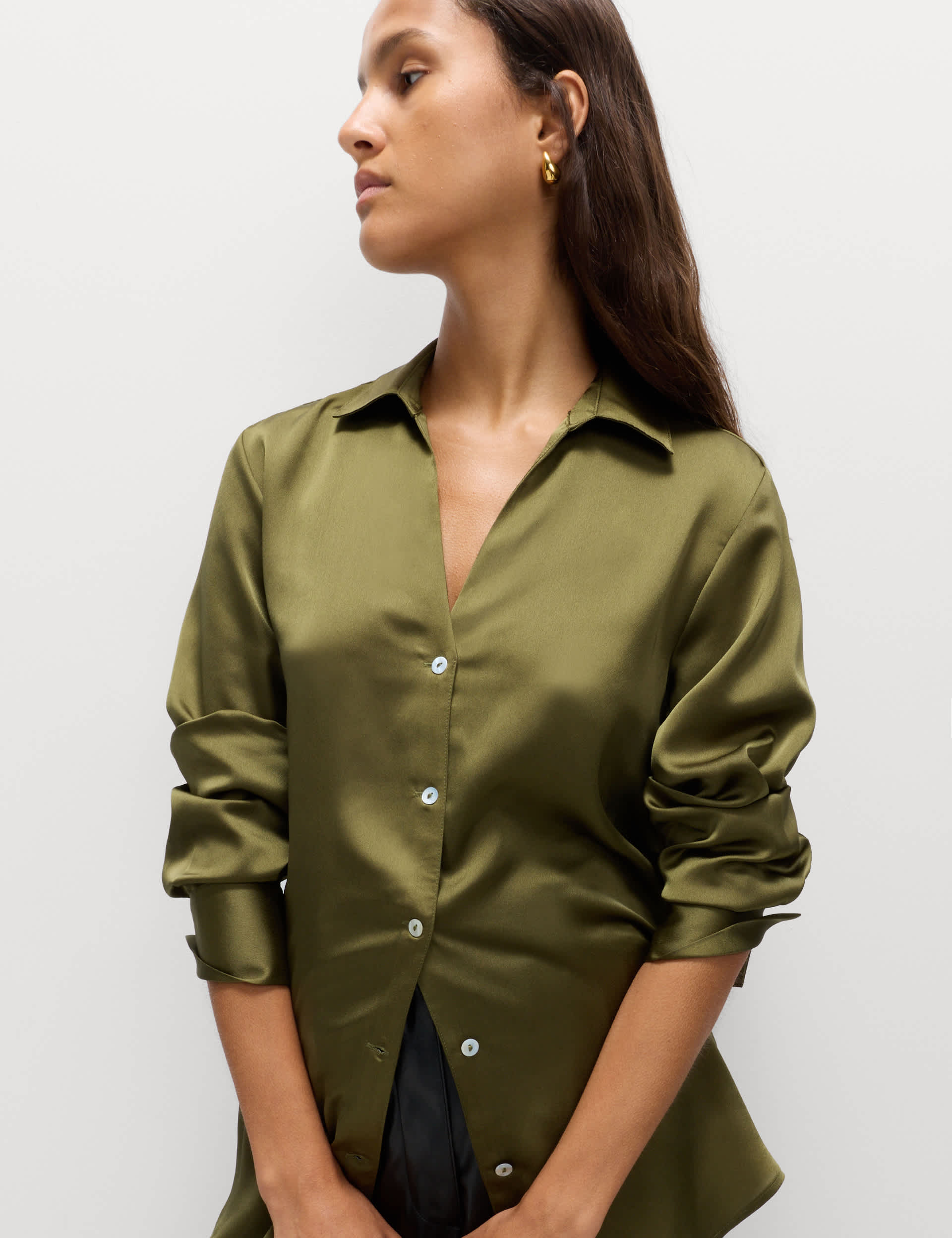 Satin Collared V-Neck Button Through Shirt