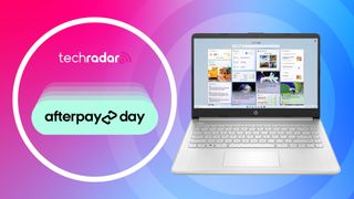 HP laptop with TechRadar branding and Afterpay Day logo