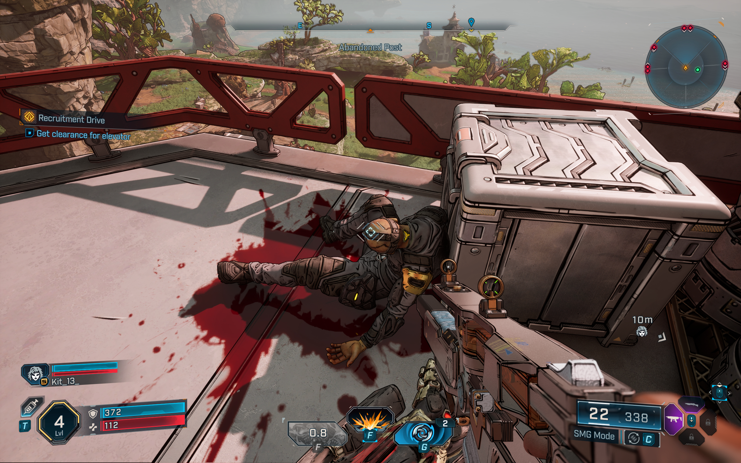 Borderlands 4 elevator clearance: A first-person screenshot of gameplay in which the player looks at the bolt attached to the neck of a corpse.