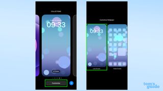 Two screenshots showing how to open lock screen customization in iOS