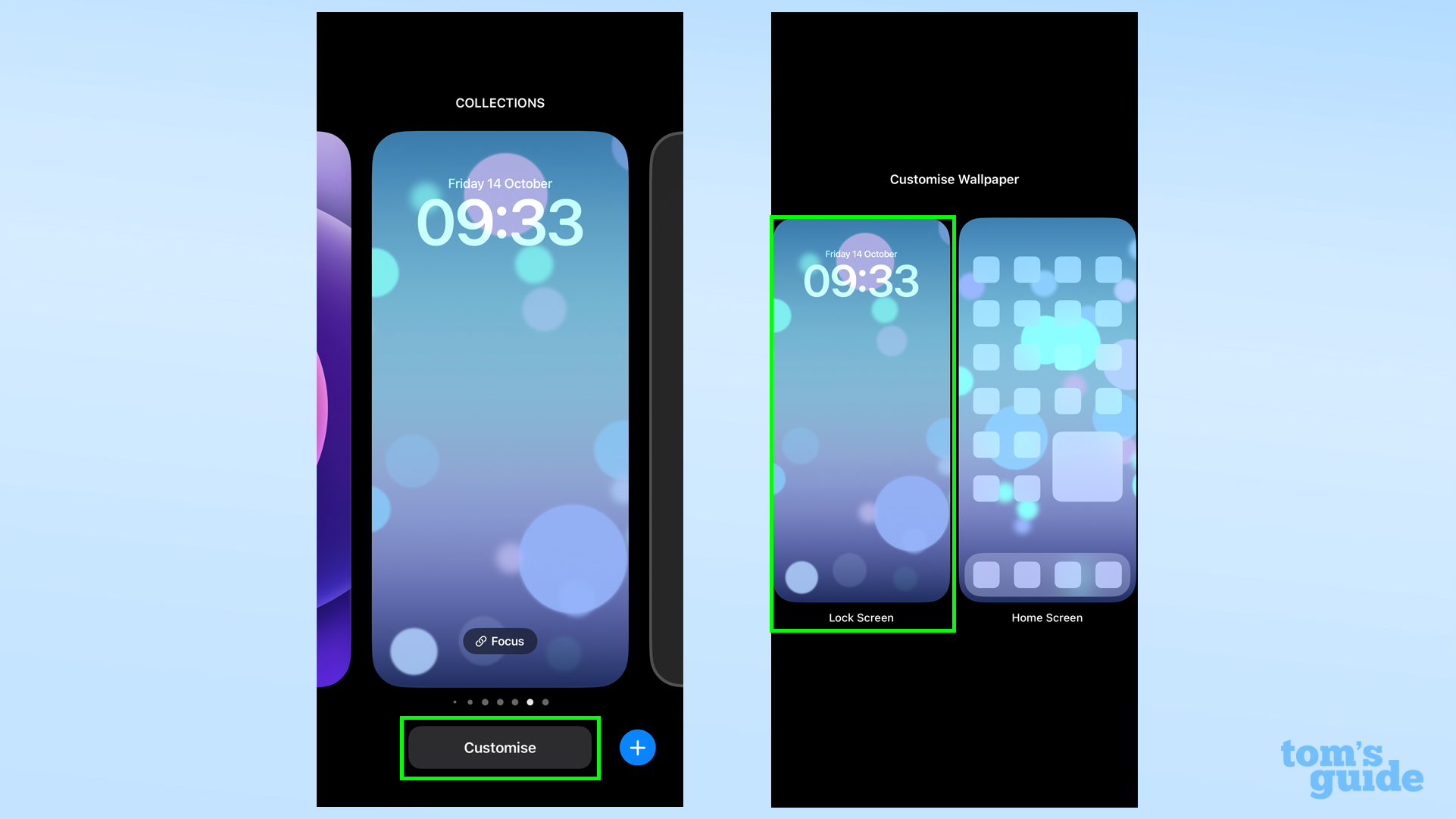 Two screenshots showing how to open lock screen customization in iOS