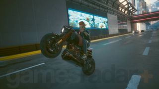 Cyberpunk 2077 2.1 update V doing a wheelie on a motorbike