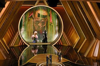 (L-R) Nathan Crowley and Lee Sandales accept the Production Design award for "Wicked" onstage during the 97th Annual Oscars at Dolby Theatre on March 02, 2025 in Hollywood, California.