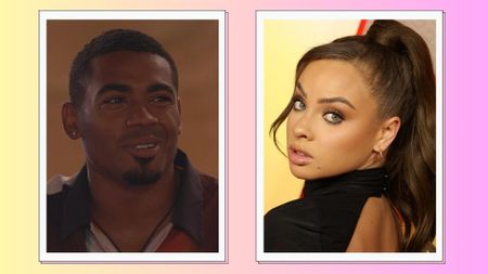 Love Island's Danica and Tyrique pictured in a yellow and pink gradient, two-picture template