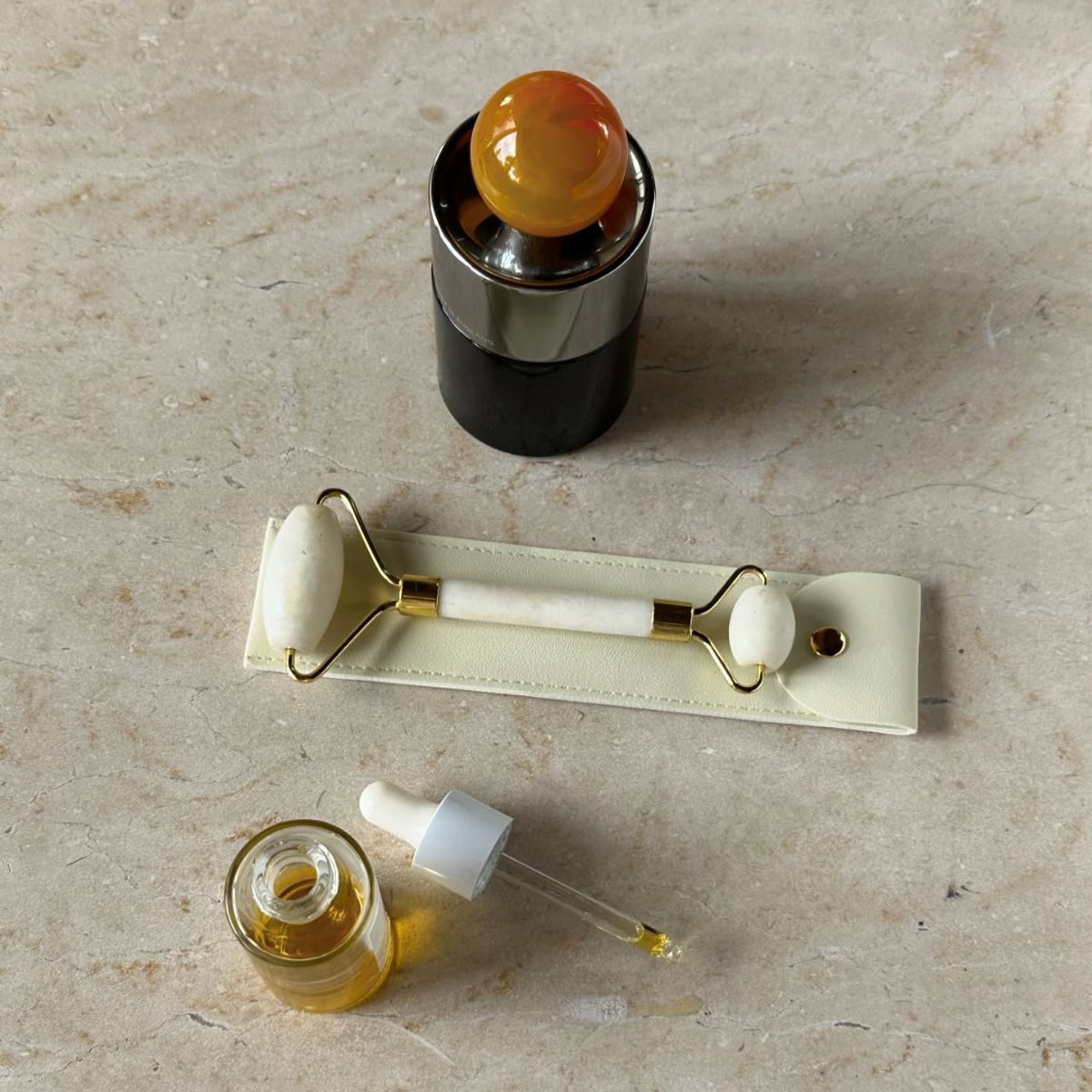 An image of skincare products and tools.