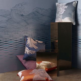 blue ocean theme wallpaper and designed cushions