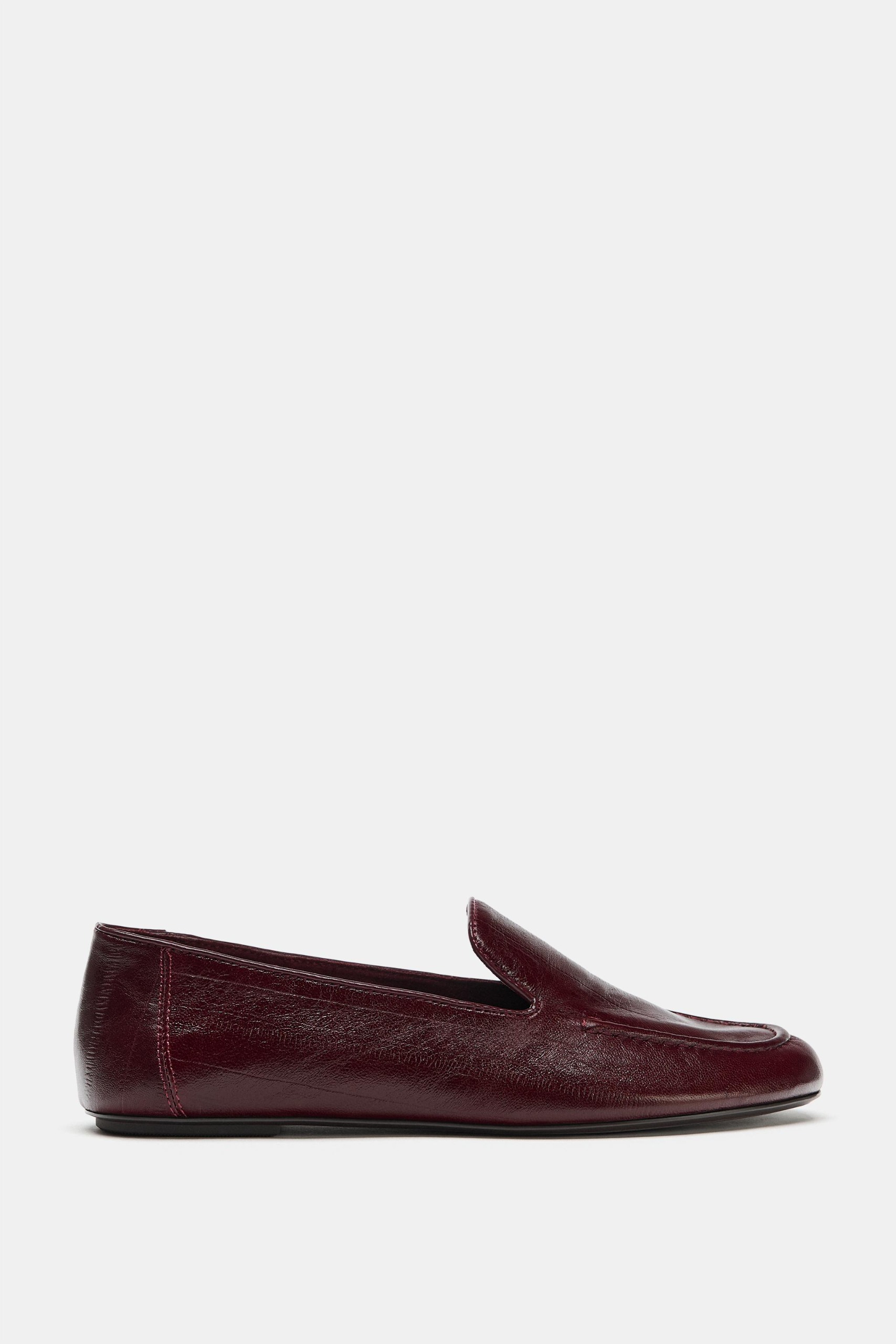 Soft Leather Flat Loafers - Burgundy Red - 2