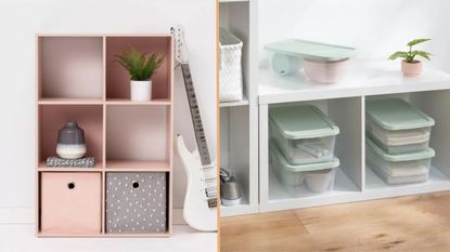 Target storage cubes in pink and grey inside a pink cube storage unit beside a white guitar, white storage cube unit with clear storage bins with green lids 