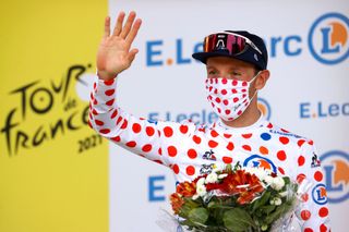 QUILLAN FRANCE JULY 10 Michael Woods of Canada and Team Israel StartUp Nation Polka Dot Mountain Jersey celebrates at podium during the 108th Tour de France 2021 Stage 14 a 1837km stage from Carcassonne to Quillan LeTour TDF2021 on July 10 2021 in Quillan France Photo by Chris GraythenGetty Images