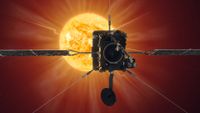 An illustration of the sun is in the background. In front of the sun, there's a solar-winged spacecraft.