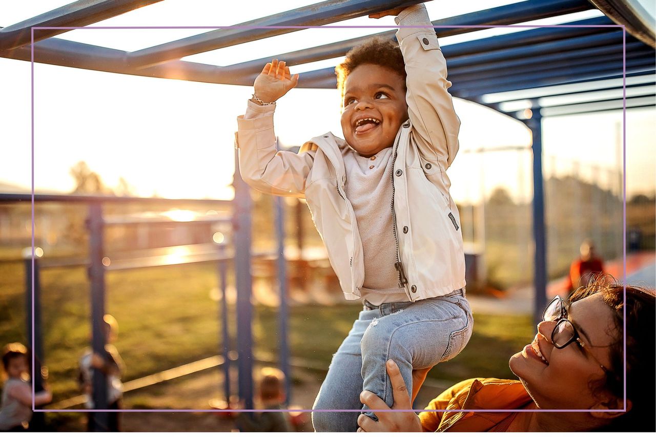 Helicopter parent illustrated by child on monkey bars with adult helping