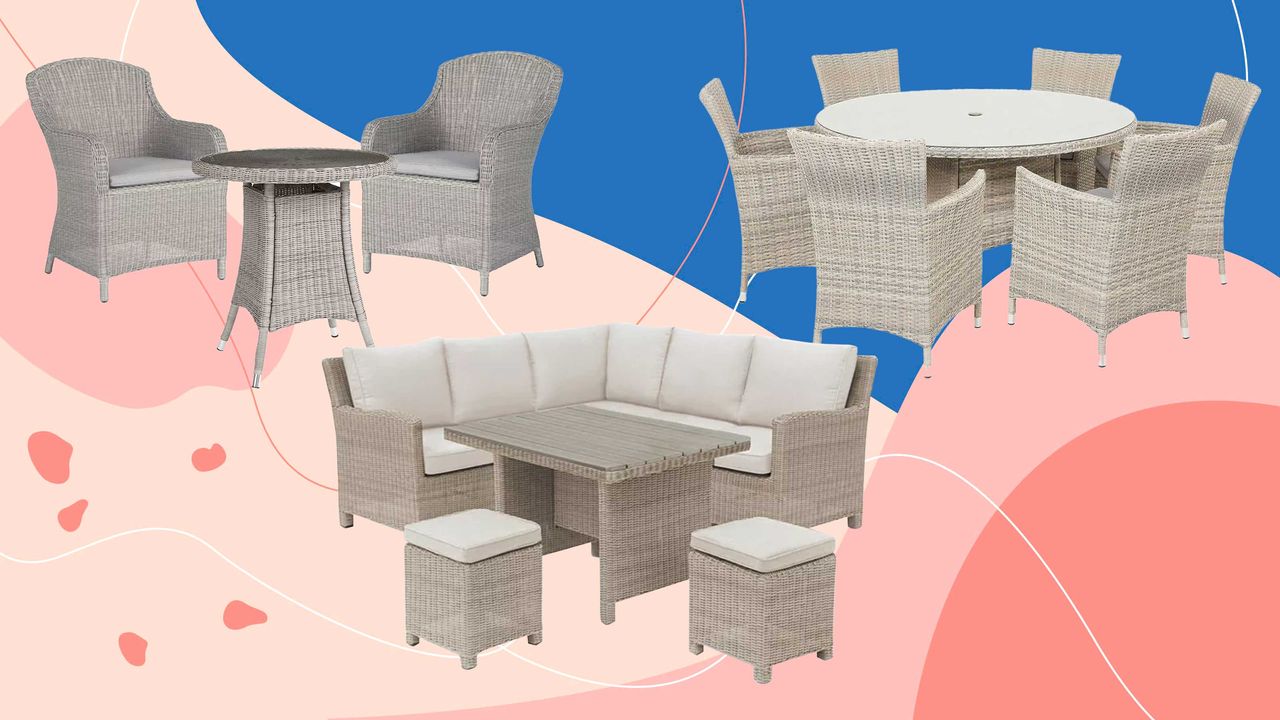 A selection of the best rattan garden furniture on a pink and blue background