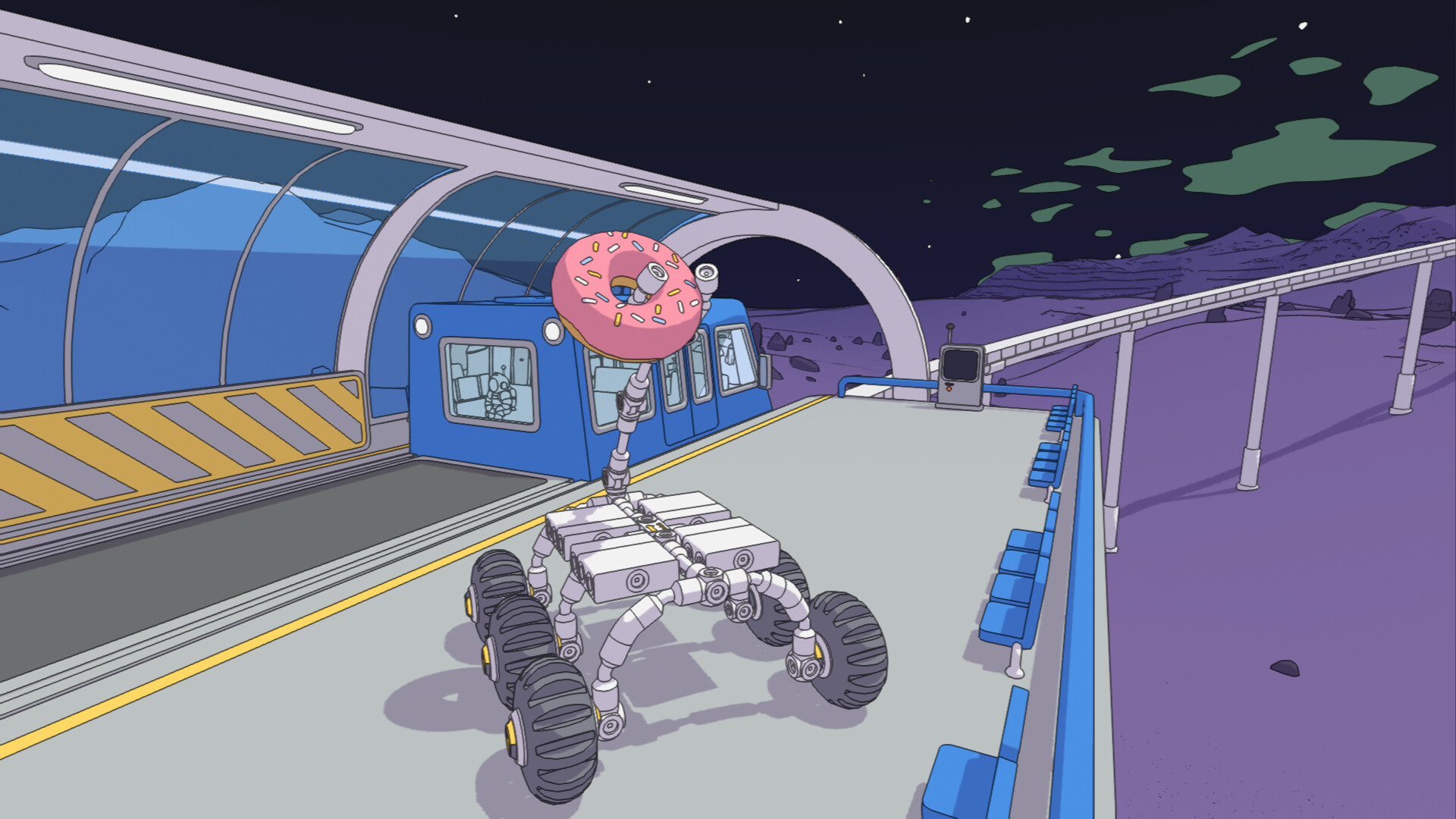 Parked at a monorail station, a six-wheeled Mars rover carries a donut in a robotic claw.