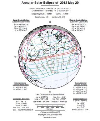 This chart prepared by NASA solar eclipse expert Fred Espenak details the path of the May 20-21 annular solar eclipse of 2012 across the Earth.