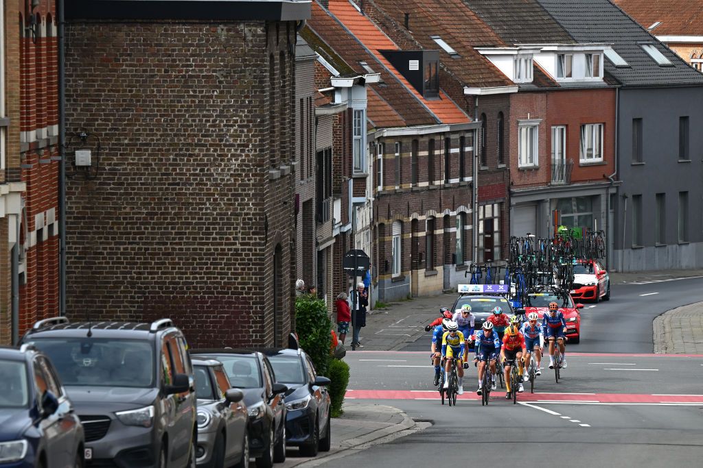 WAREGEM BELGIUM MARCH 27 Casper Pedersen of Denmark and Team Soudal QuickStep Dries De Pooter of Belgium and Team Intermarche Wanty Mathias Norsgaard of Denmark and Movistar Team Donavan Grondin of France and Team Arkea BB Hotels Dries De Bondt of Belgium and Decathlon AG2R La Mondiale Team Pierre Gautherat of France and Decathlon Niklas Markl of Germany and Team dsmfirmenich PostNL Amund Grondahl Jansen of Norway and Team Jayco AlUla Pascal Eenkhoorn of The Netherlands and Team Lotto Dstny Jonas Abrahamsen of Norway and Team UnoX Mobility Thomas Gachignard of France and Team TotalEnergies and Victor Vercouillie of Belgium and Team Flanders Baloise compete in the breakaway during the 78th Dwars Door Vlaanderen 2024 Mens Elite a 1886km one day race from Roeselare to Waregem UCIWT on March 27 2024 in Waregem Belgium Photo by Tim de WaeleGetty Images