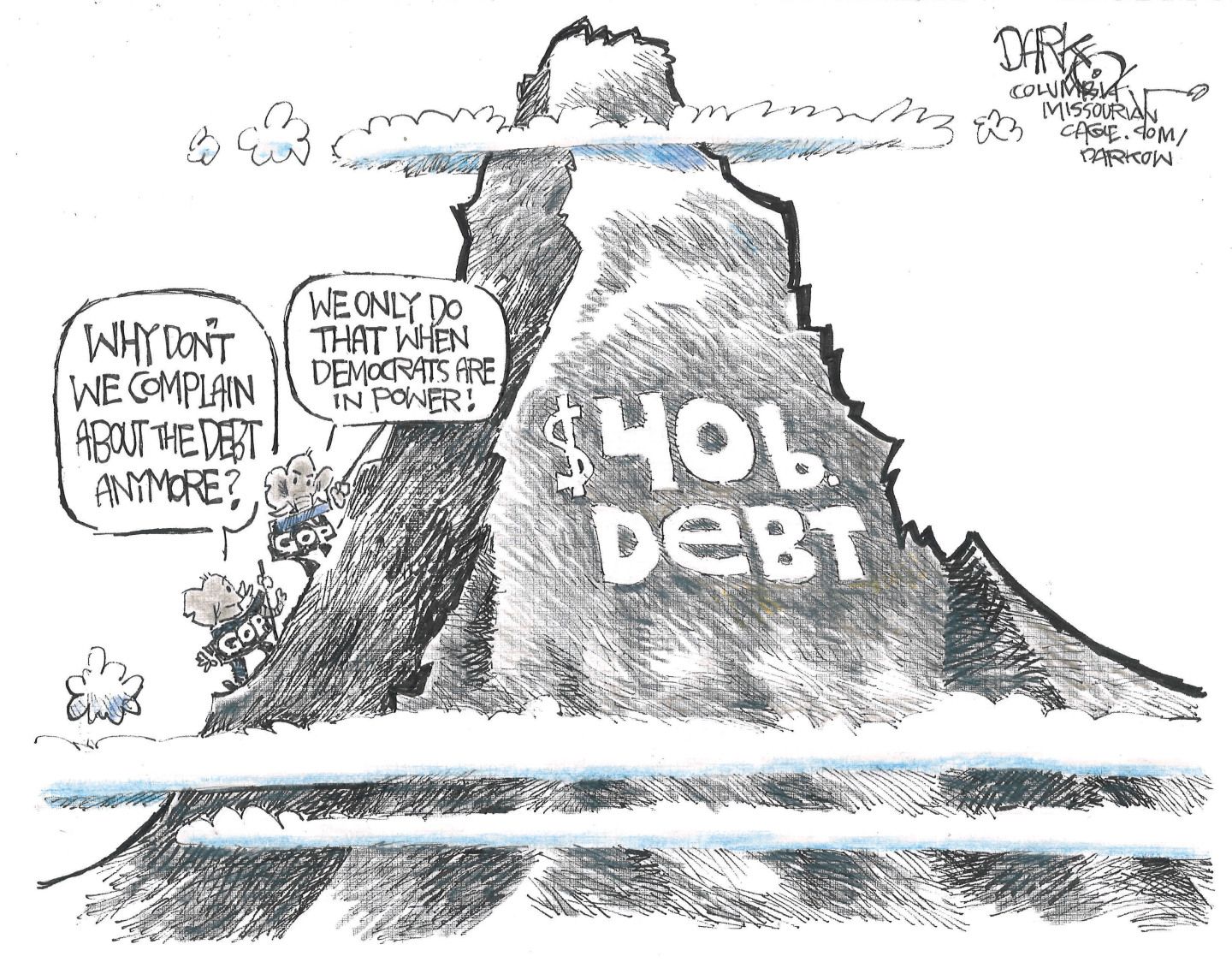 
                                This cartoon depicts two elephants climbing a mountain of $40 billion worth of debt. One says, “Why don’t we complain about the debt anymore?” The other responds, “We only do that when Democrats are in power!”
                            