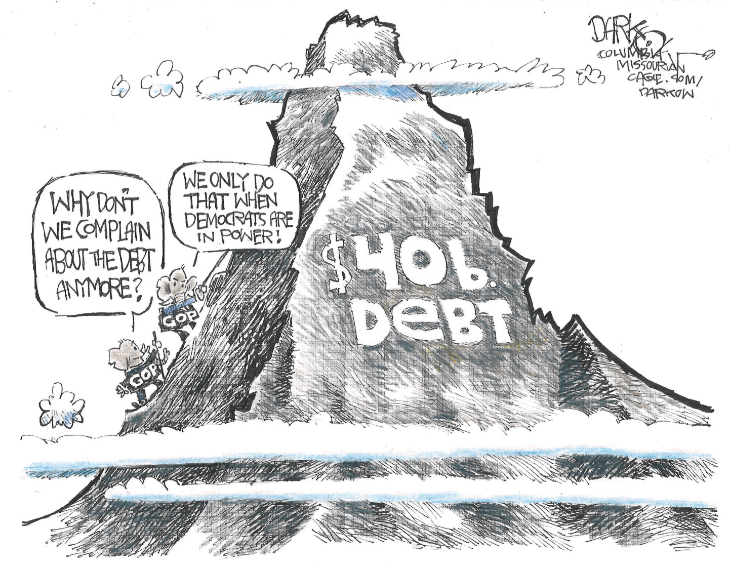 This cartoon depicts two elephants climbing a mountain of $40 billion worth of debt. One says, &amp;ldquo;Why don&amp;rsquo;t we complain about the debt anymore?&amp;rdquo; The other responds, &amp;ldquo;We only do that when Democrats are in power!&amp;rdquo;