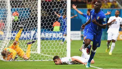 Mario Balotelli scores against England at World Cup