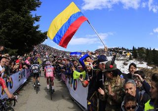 Rigoberto Uran and Nairo Quintana ride side-by-side up the Zoncolan