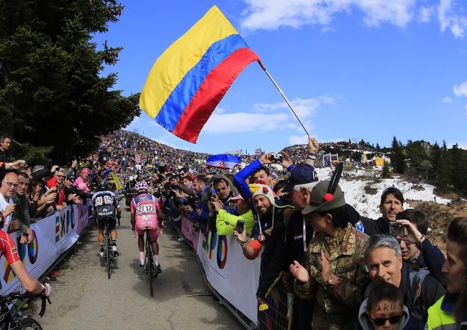 Rigoberto Uran and Nairo Quintana ride side-by-side up the Zoncolan