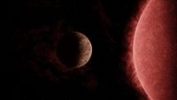 a rocky planet orbiting a hot red star in space