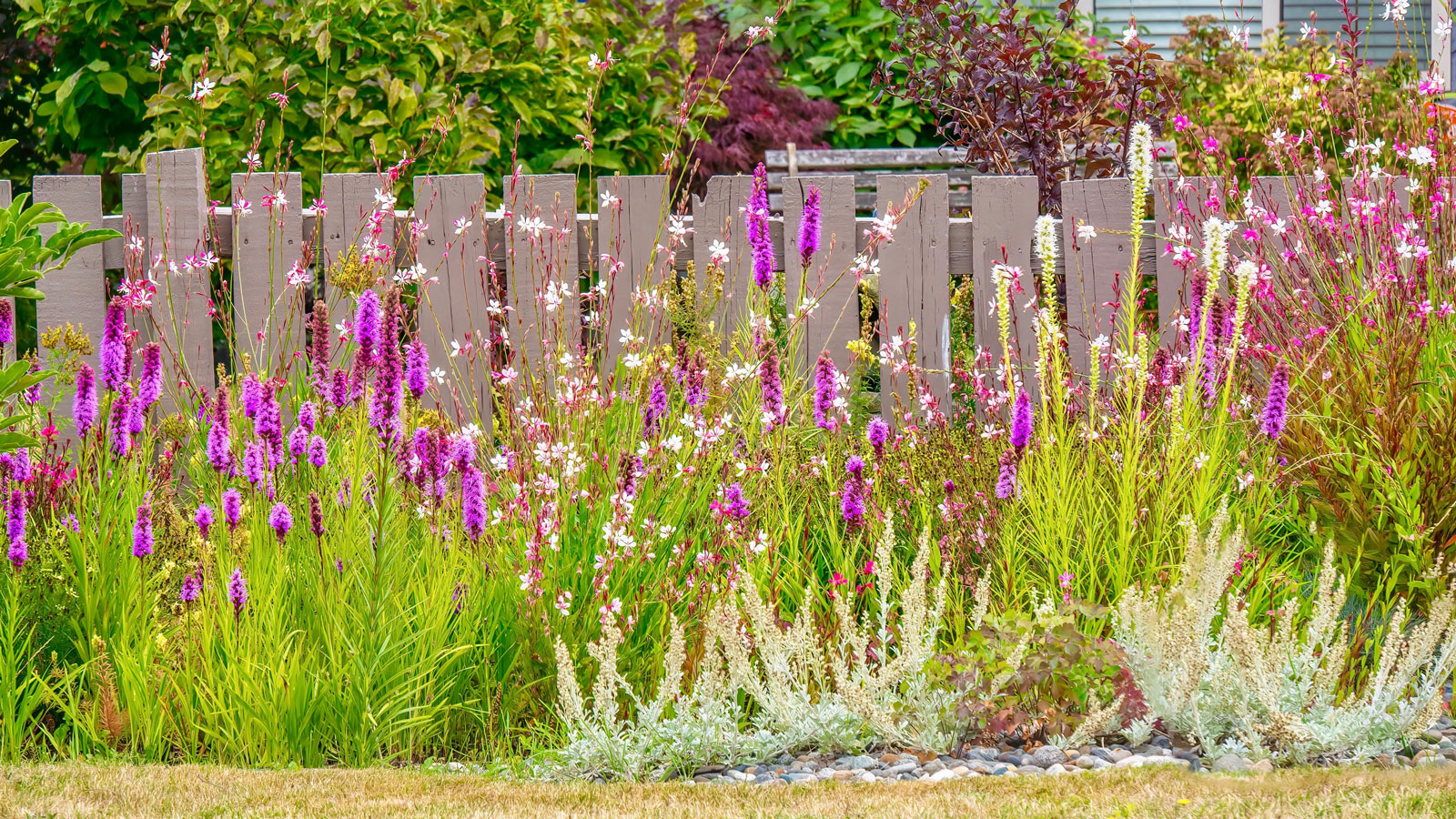thumbnail image 2 of Crewcut Garden Fence Wallpaper Border – Flowers, Bushes & Blue Trim, Vinyl Coated, Country Stone Fence Look 2 of 6