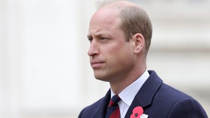 Prince William, Duke of Cambridge takes part in a wreath laying ceremony as part of the ANZAC day services at The Cenotaph on April 25, 2022 in London, England.