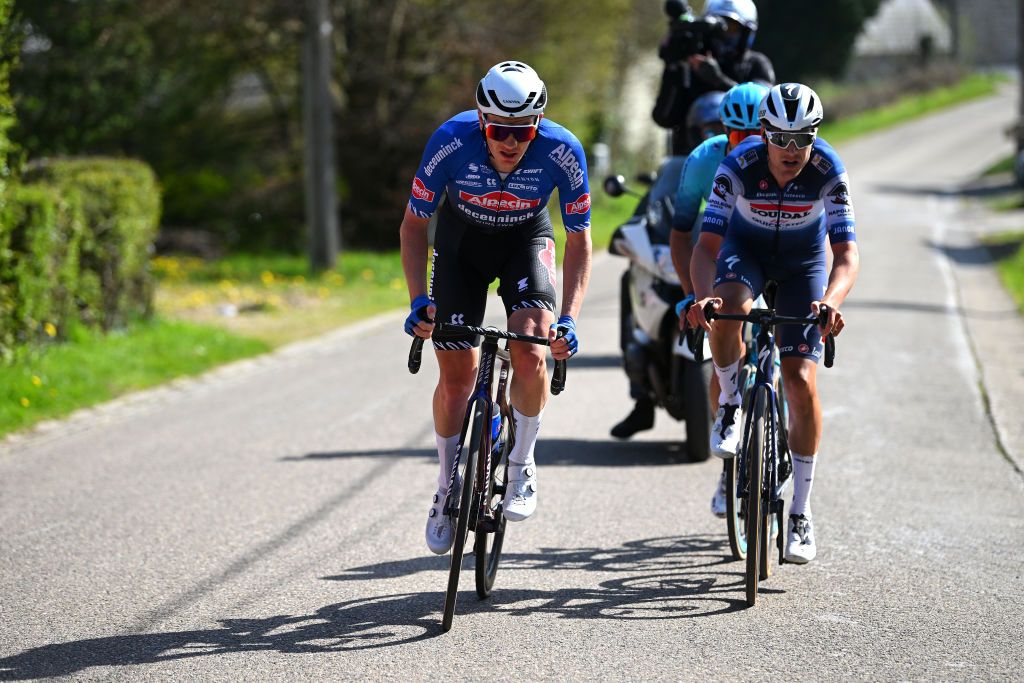 HUY BELGIUM APRIL 19 LR Sren Kragh Andersen of Denmark and Team AlpecinDeceuninck and Louis Vervaeke of Belgium and Team Soudal Quick Step compete in the breakaway during the 87th La Fleche Wallonne 2023 Mens Elite a 1943km one day race from Herve to Mur de Huy UCIWT on April 19 2023 in Huy Belgium Photo by Luc ClaessenGetty Images