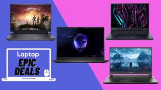 Four gaming laptops against a blue and pink background