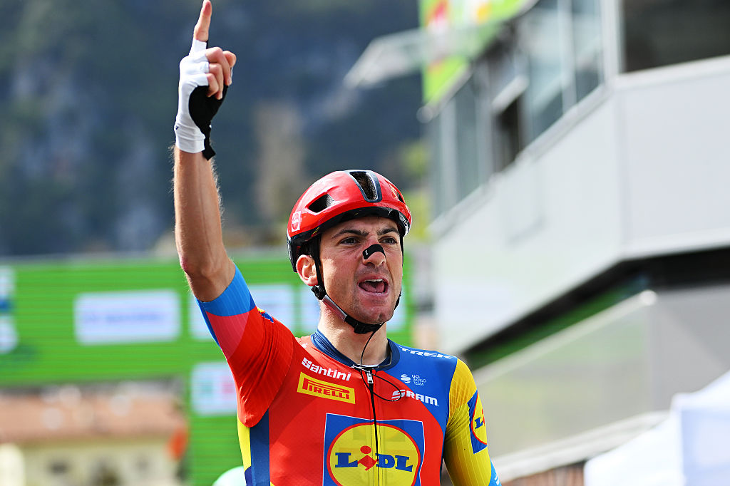 SAN LORENZO DORSINO ITALY APRIL 21 Giulio Ciccone of Italy and Team Lidl Trek celebrates at finish line as stage winner during the 45th Tour of the Alps 2025 Stage 1 a 1485km stage from San Lorenzo Dorsino to San Lorenzo Dorsino 731m UCIWT on April 21 2025 in San Lorenzo Dorsino Italy Photo by Tim de WaeleGetty Images