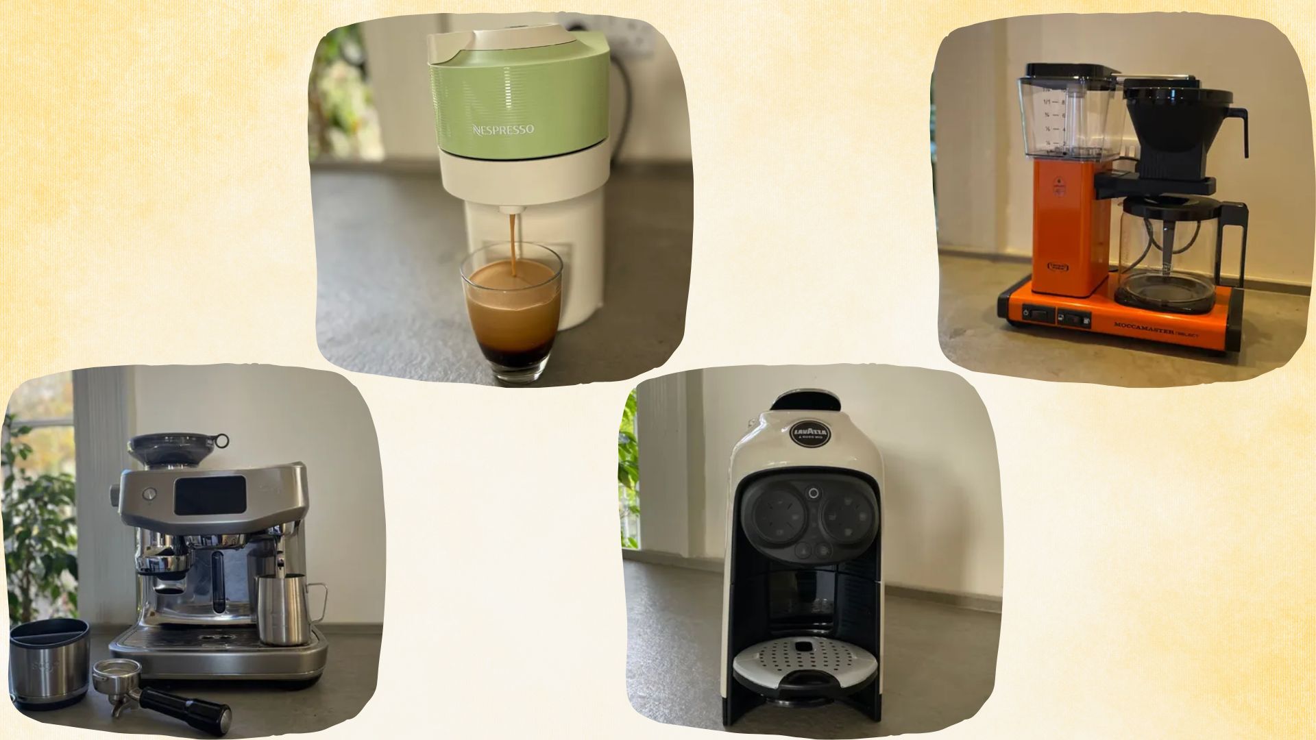 Four of the best coffee machines: technivorm moccamaster, lavazza desea, nespresso vertuo pop, and the Sage Oracle Jet
