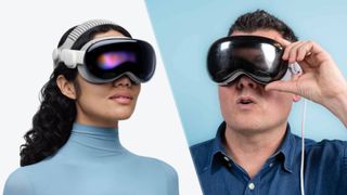 Split image of person wearing Apple Vision Pro M5 and person wearing Apple Vision Pro M2 headset