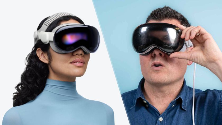 Split image of person wearing Apple Vision Pro M5 and person wearing Apple Vision Pro M2 headset