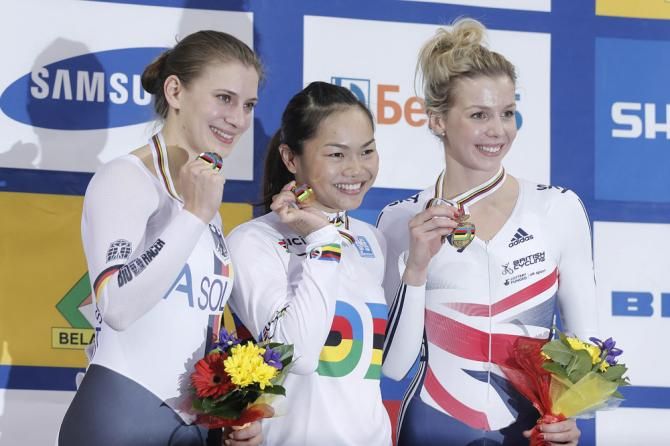 Women's 500m TT world championship podium (L-R): Miriam Welte (Germany), 2nd; Lee Wai Sze (Hong Kong, China), 1st; Rebecca James (Great Britain), 3rd