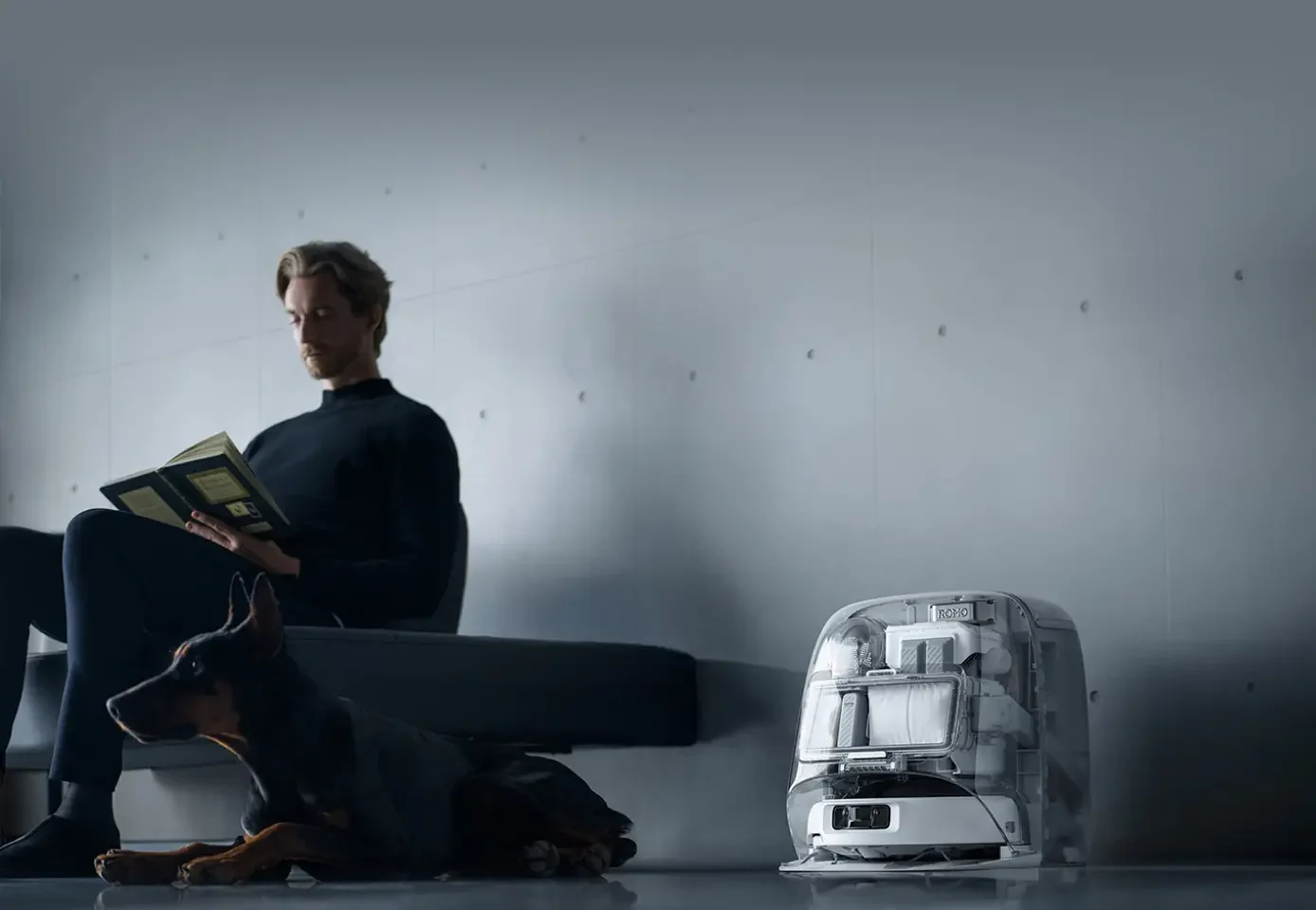 A photoshopped product photo of the DJI Romo robot vacuum cleaner.