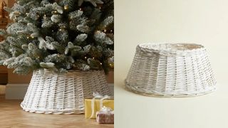 A composite image of a white, wicker Christmas tree skirt from Dunelm.