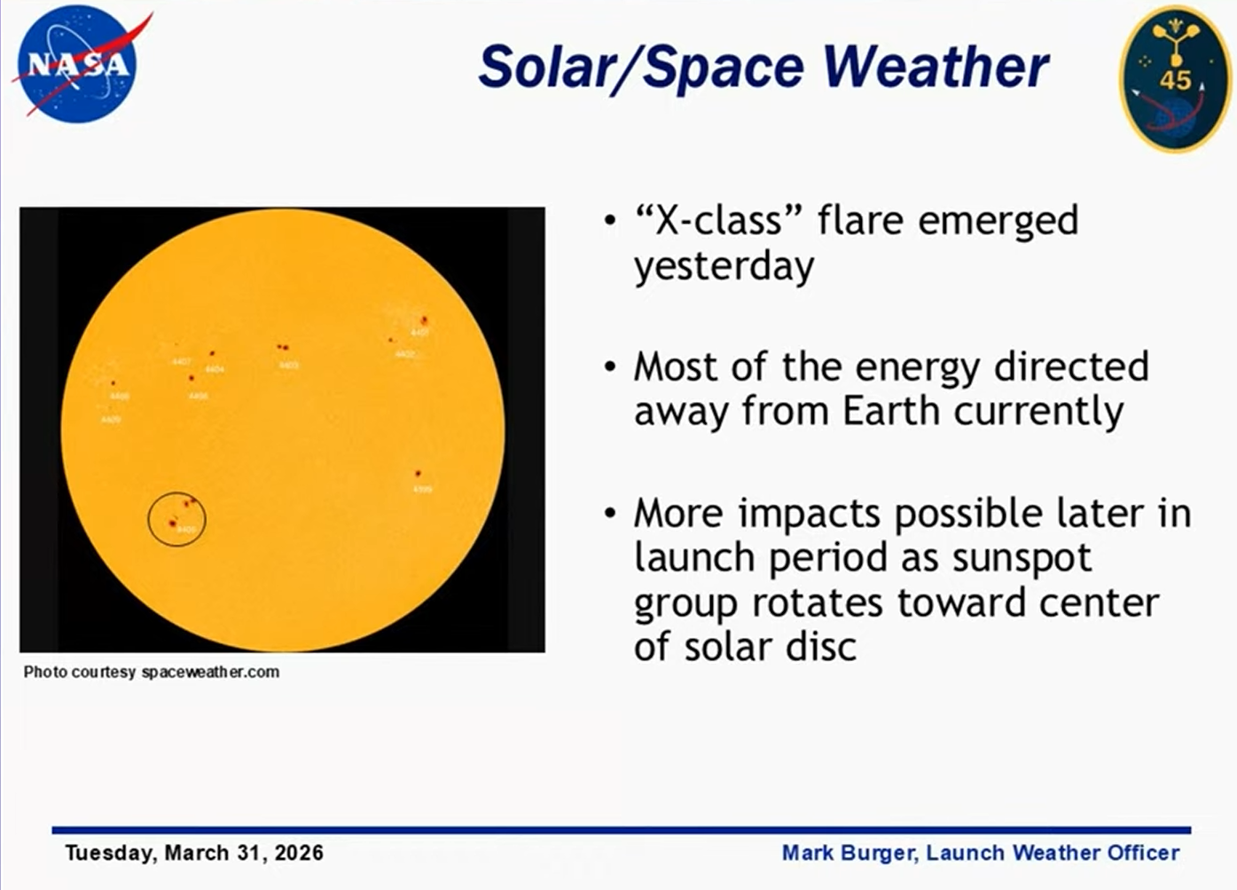 A slide from Artemis II's prelaunch weather briefing.