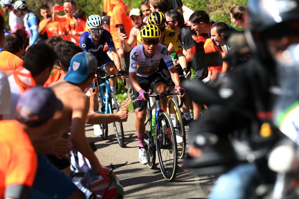 EIBAR SPAIN APRIL 08 LR Ruben Guerreiro of Portugal and Movistar Team Jhoan Esteban Chaves Rubio of Colombia and Team EF Education Easypost and Steven Kruijswijk of The Netherlands and Team Jumbo Visma compete in the breakaway climbing to the Krabelin 576m during the 62nd Itzulia Basque Country Stage 6 a 1378km stage from Eibar to Eibar UCIWT on April 08 2023 in Eibar Spain Photo by David RamosGetty Images