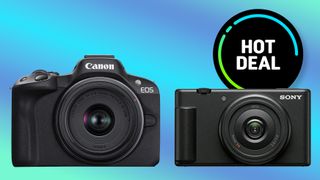 The Canon EOS R50 and Canon ZV-1F on a colorful background