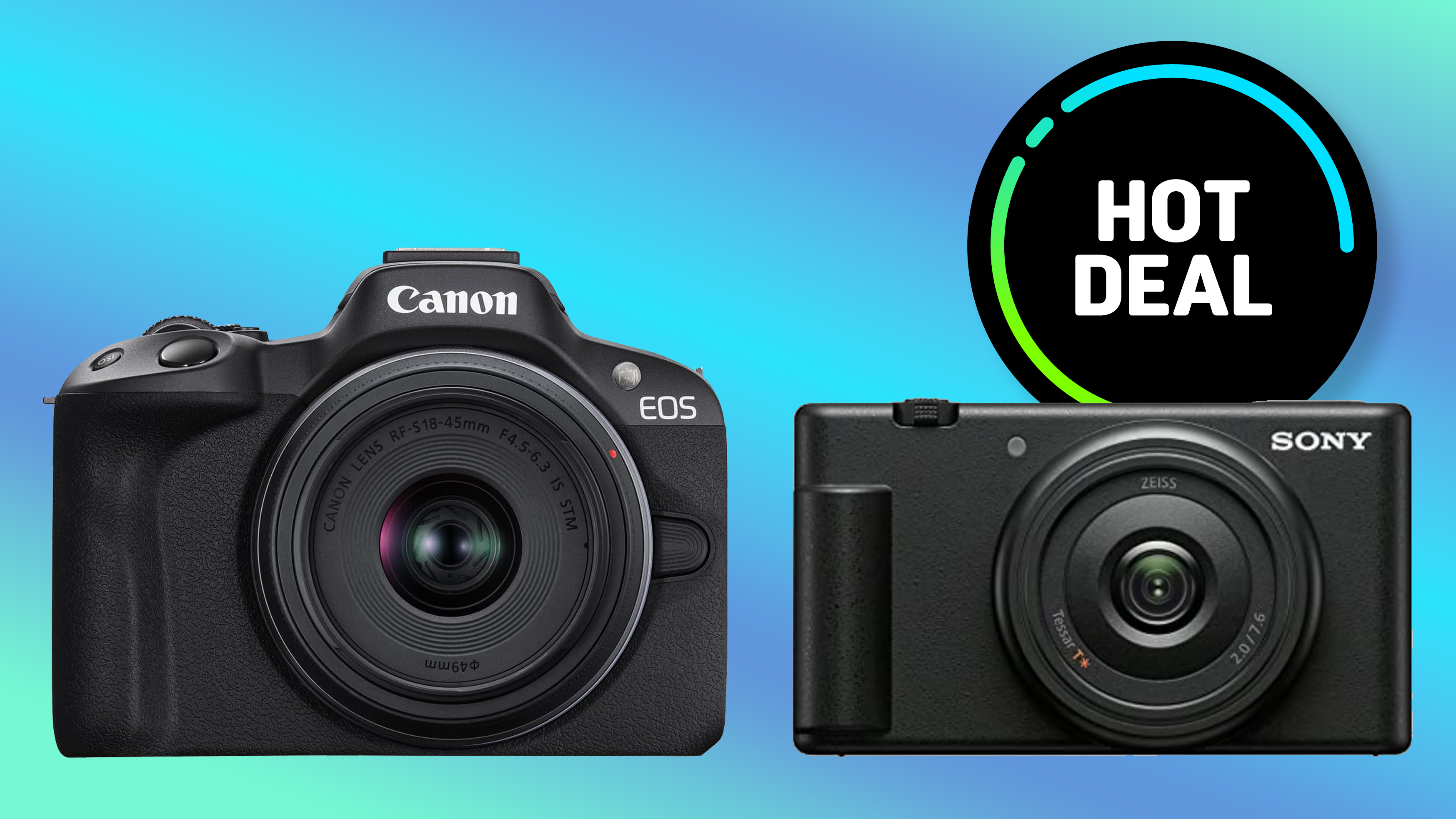 The Canon EOS R50 and Canon ZV-1F on a colorful background
