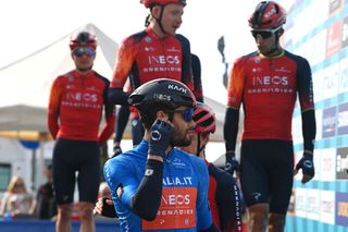 Filippo Ganna (Ineos Grenadiers) in blue at the start of stage 3 of Tirreno-Adriatico
