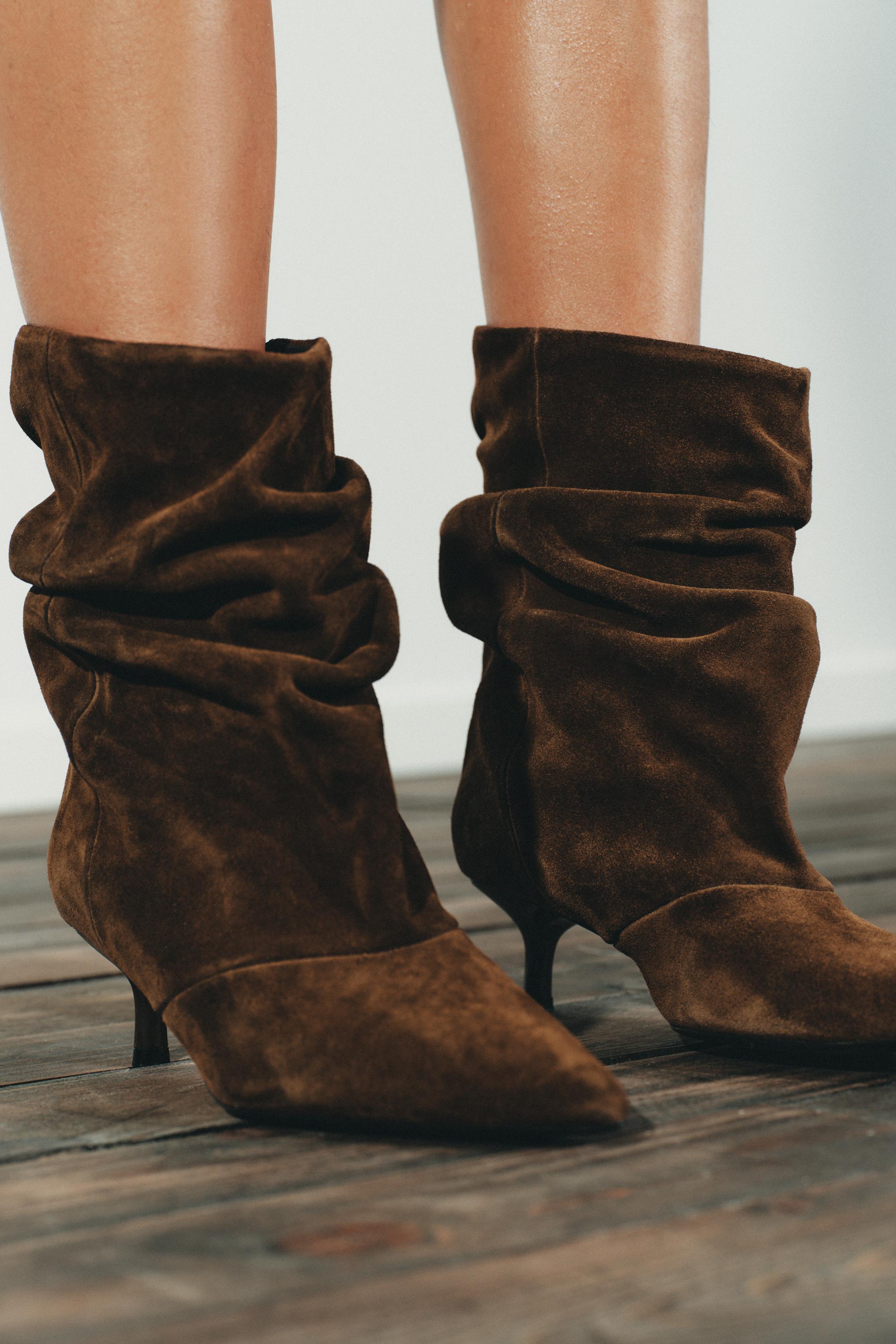 Ruched Split Leather Ankle Boots