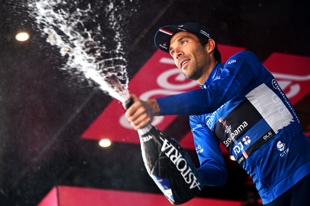 VAL DI ZOLDO PALAFAVERA ITALY MAY 25 Thibaut Pinot of France and Team Groupama FDJ celebrates at podium as Blue Mountain Jersey winner during the 106th Giro dItalia 2023 Stage 18 a 161km stage from Oderzo to Val di Zoldo Palafavera 1514m UCIWT on May 25 2023 in Val di Zoldo Palafavera Italy Photo by Stuart FranklinGetty Images