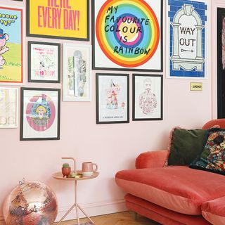 pink living room with gallery wall