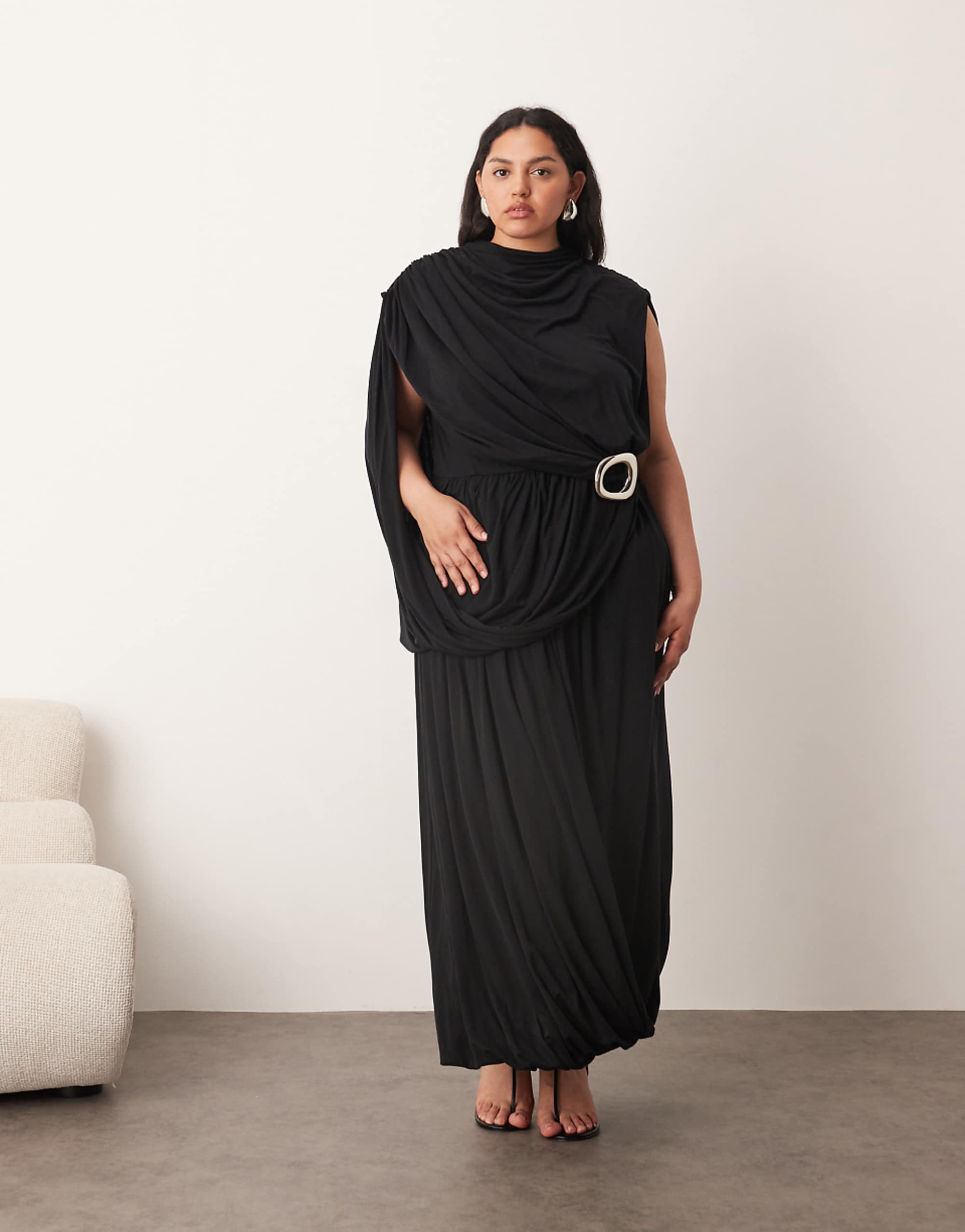 Arrange Curve Sleeveless Draped Hem Midi Dress With Buckle Trim Detail in Black