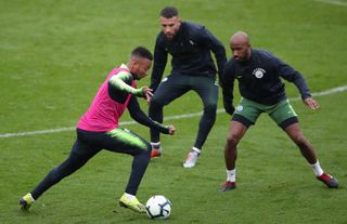 Gabriel Jesus (left) is looking forward to tackling Manchester City team-mate Nicolas Otamendi (centre) when Brazil take on Argentina