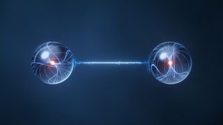 Photonics concept art showing two orbs with light flowing between.