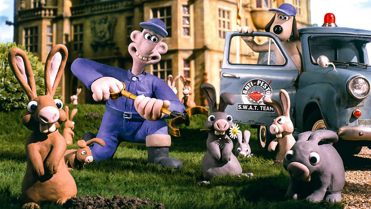 A still from the claymation movie Wallace and Gromit: Curse of the Were-Rabbit